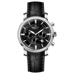 Branded wrist watch for men in pakistan. A silver-colored round analog watch with a leather strap and a chronograph function, displayed against a plain background.