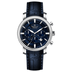 Branded wrist watch for men in pakistan. A silver-colored round analog watch with a leather strap and a chronograph function, displayed against a plain background.
