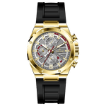 A gold-toned stainless steel watch with a black band and a chronograph dial featuring multiple sub-dials and a date display. Discover timezone watches: elegant branded wrist watches for men in pakistan