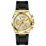 A gold-toned stainless steel watch with a black band and a chronograph dial featuring multiple sub-dials and a date display.