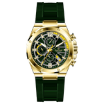 A gold-toned stainless steel watch with a black band and a chronograph dial featuring multiple sub-dials and a date display. Discover timezone watches: elegant branded wrist watches for men in pakistan