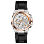 Discover timezone watches: elegant branded wrist watches for men in pakistan. A silver stainless steel watch with a black band and a rose gold case featuring a chronograph dial with multiple sub-dials and a date display.