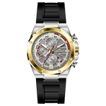 A silver and gold stainless steel watch with a black band and a analog display.
