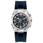 A silver-toned watch with a silicone band and a chronograph movement. It features a stainless steel case, a clear dial with orange and white markings, and a black buckle. Discover timezone watches: elegant branded wrist watches for men in pakistan