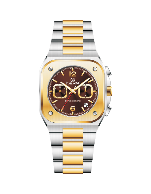 Two-tone silver and gold watch with a brown dial on a white background - branded wrist watches for men in pakistan