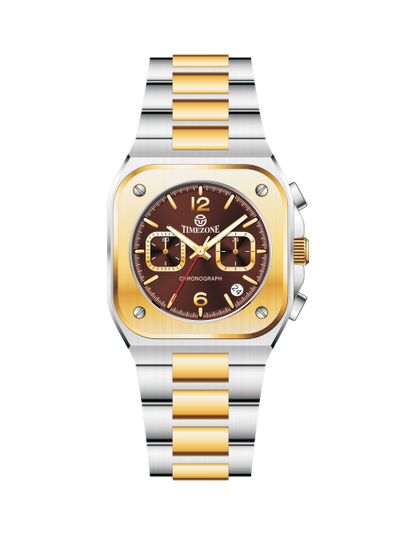 Two-tone silver and gold watch with a brown dial on a white background - branded wrist watches for men in pakistan