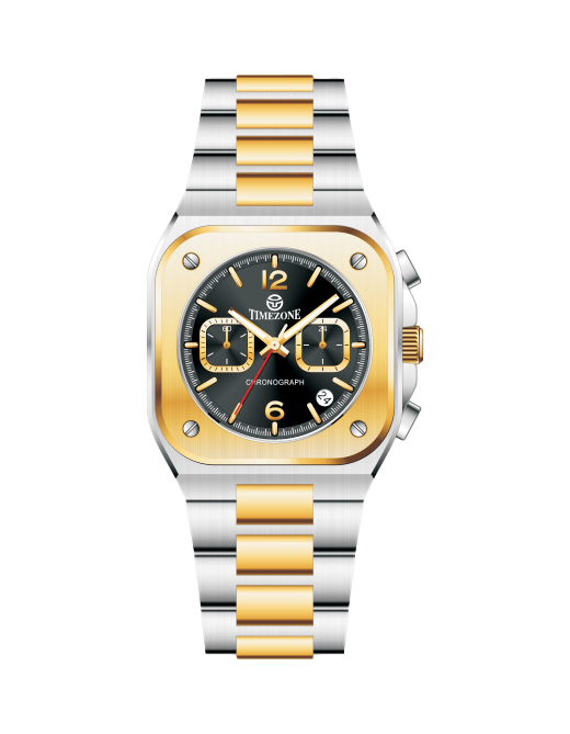 Two-tone silver and gold watch with black dial on a white background - branded wrist watches for men in pakistan