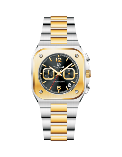 Two-tone silver and gold watch with black dial on a white background - branded wrist watches for men in pakistan