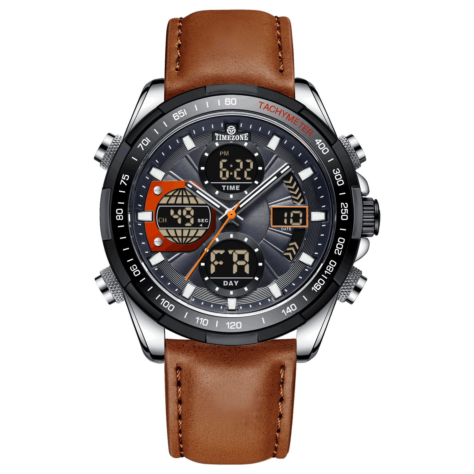 A black and silver dual-time watch with a leather strap and a digital display. Discover timezone watches: elegant branded wrist watch for men in pakistan.