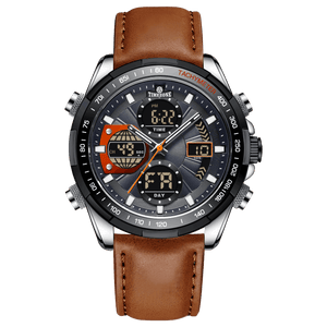A black and silver dual-time watch with a leather strap and a digital display. Discover timezone watches: elegant branded wrist watch for men in pakistan.