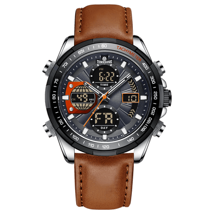 A black and silver dual-time watch with a leather strap and a digital display. Discover timezone watches: elegant branded wrist watch for men in pakistan.
