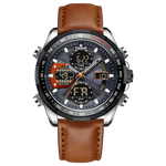 A black and silver dual-time watch with a leather strap and a digital display. Discover timezone watches: elegant branded wrist watch for men in pakistan.