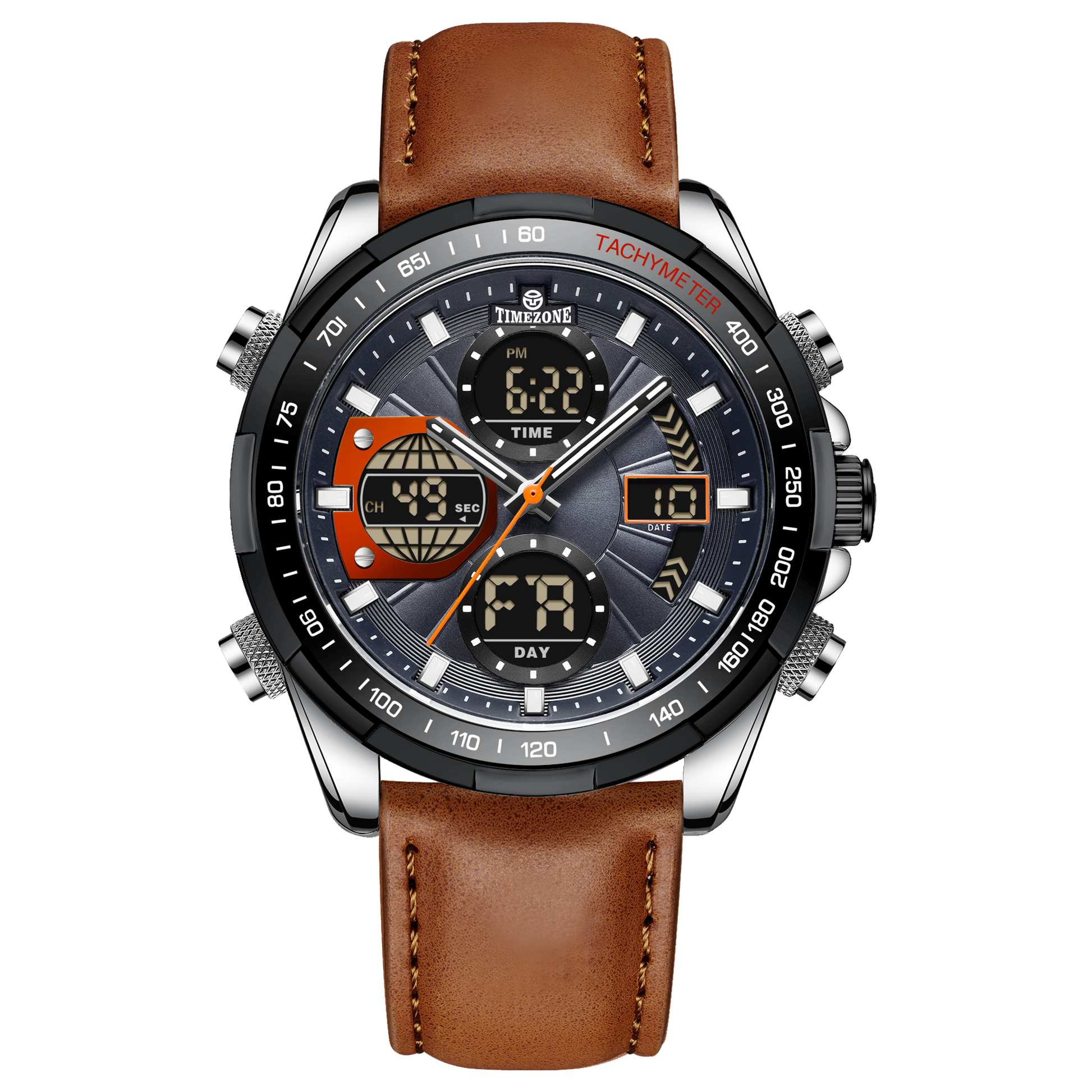 A black and silver dual-time watch with a leather strap and a digital display. Discover timezone watches: elegant branded wrist watch for men in pakistan.