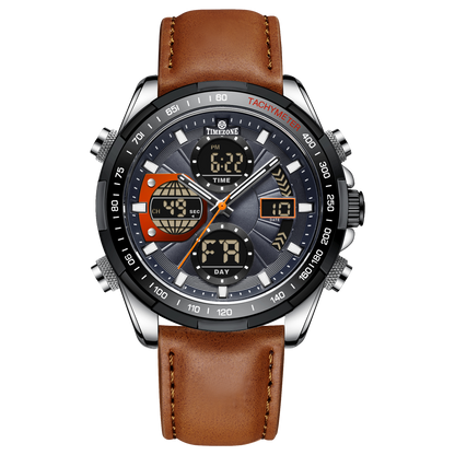 A black and silver dual-time watch with a leather strap and a digital display. Discover timezone watches: elegant branded wrist watch for men in pakistan.