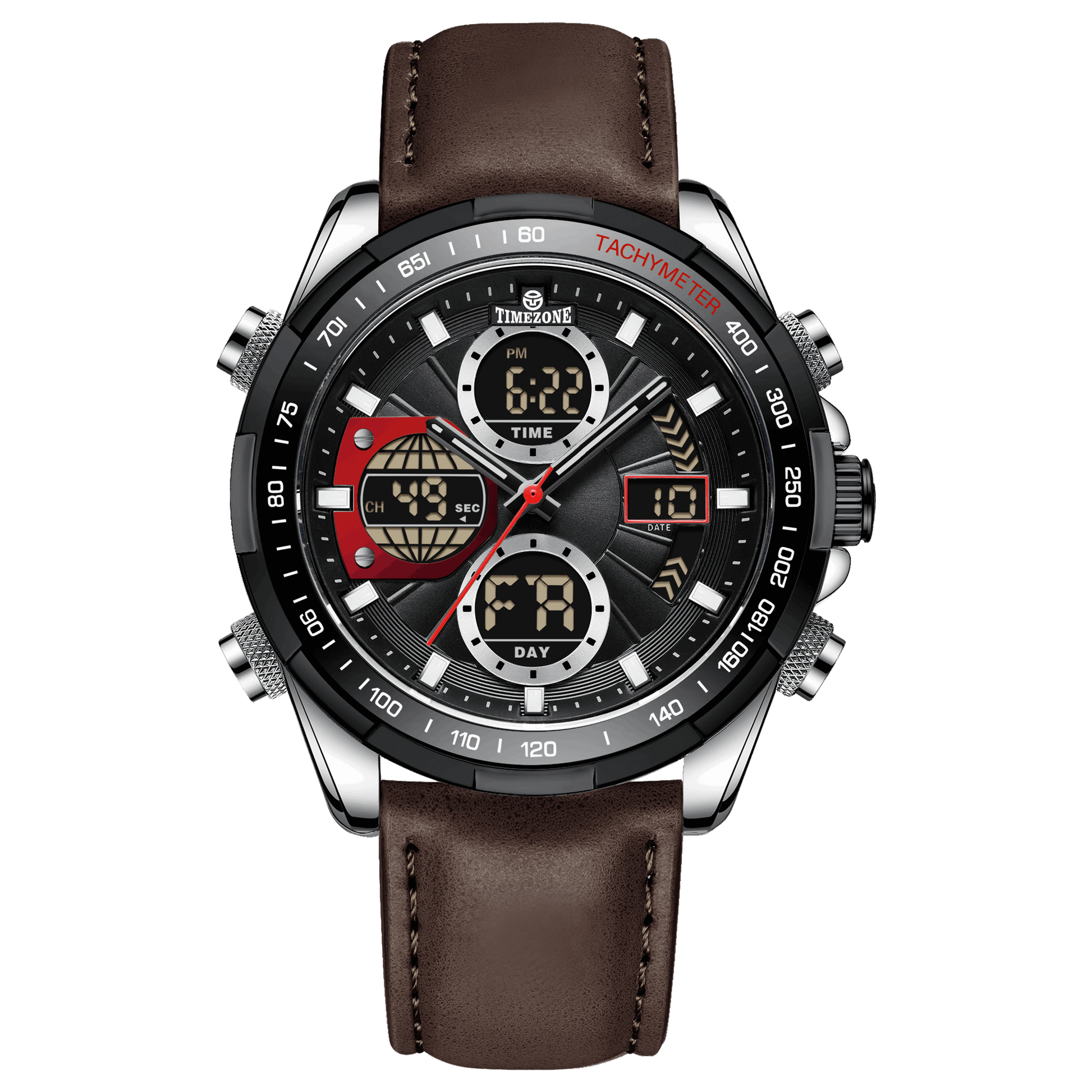A black and silver dual-time watch with a leather strap and a digital display. Discover timezone watches: elegant branded wrist watch for men in pakistan.