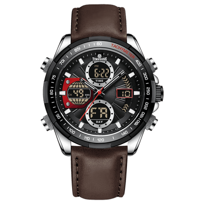 A black and silver dual-time watch with a leather strap and a digital display. Discover timezone watches: elegant branded wrist watch for men in pakistan.