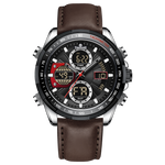 A black and silver dual-time watch with a leather strap and a digital display. Discover timezone watches: elegant branded wrist watch for men in pakistan.
