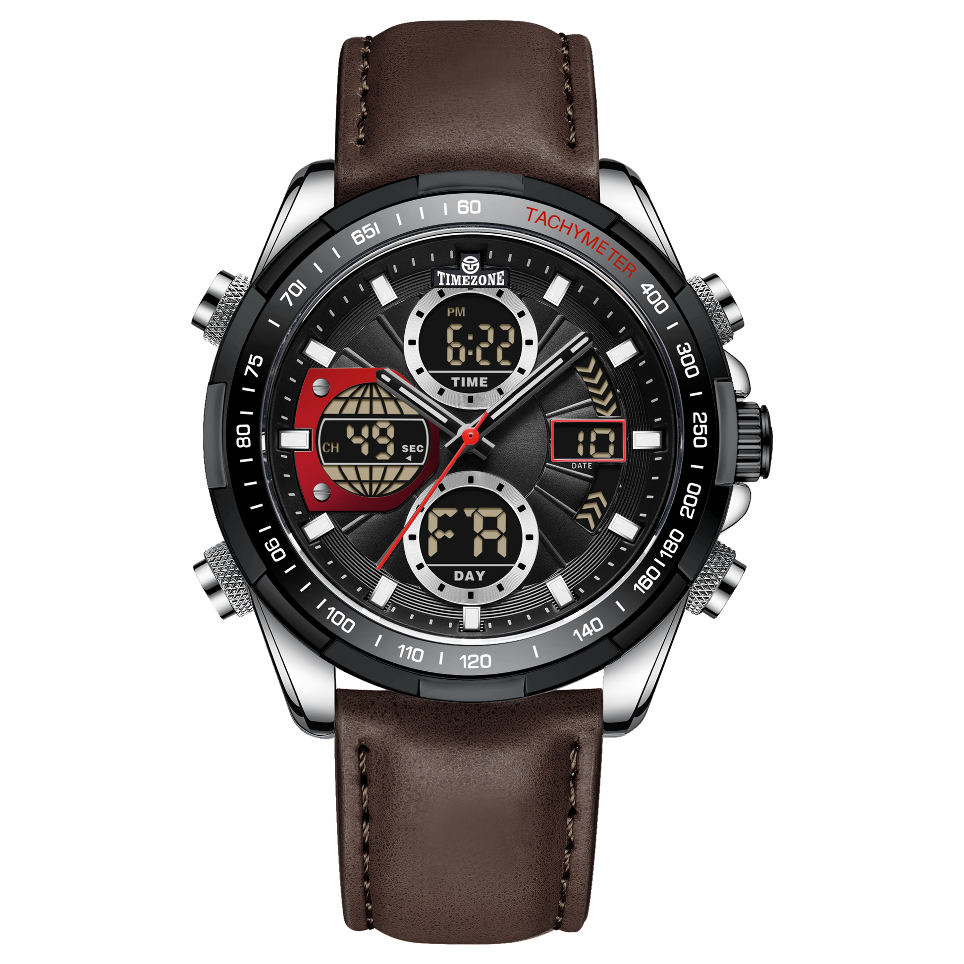 A black and silver dual-time watch with a leather strap and a digital display. Discover timezone watches: elegant branded wrist watch for men in pakistan.