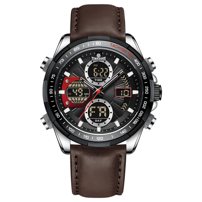 A black and silver dual-time watch with a leather strap and a digital display. Discover timezone watches: elegant branded wrist watch for men in pakistan.