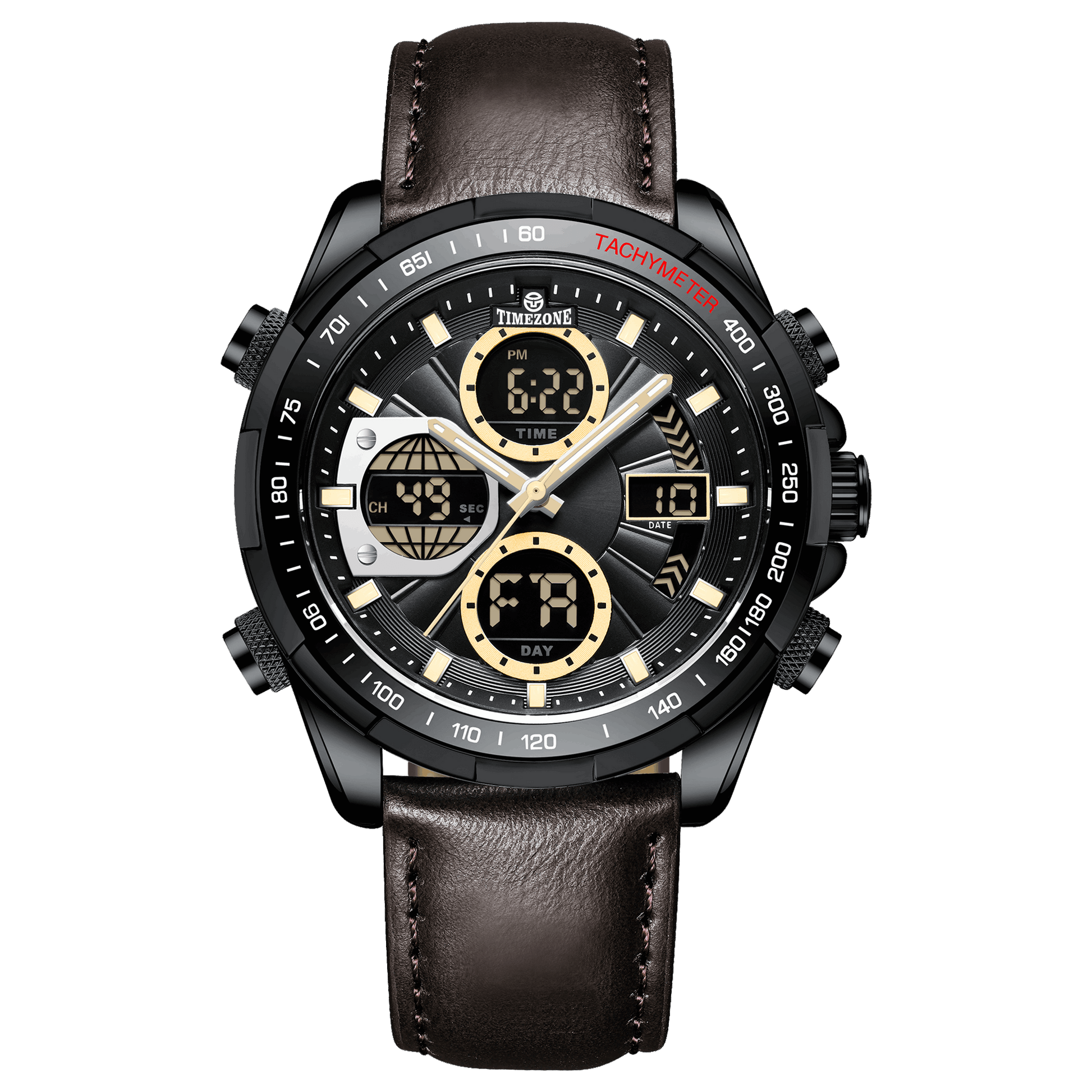 A black dual-time watch with a leather strap and a digital display. Discover timezone watches: elegant branded wrist watch for men in pakistan.