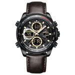 A black dual-time watch with a leather strap and a digital display. Discover timezone watches: elegant branded wrist watch for men in pakistan.