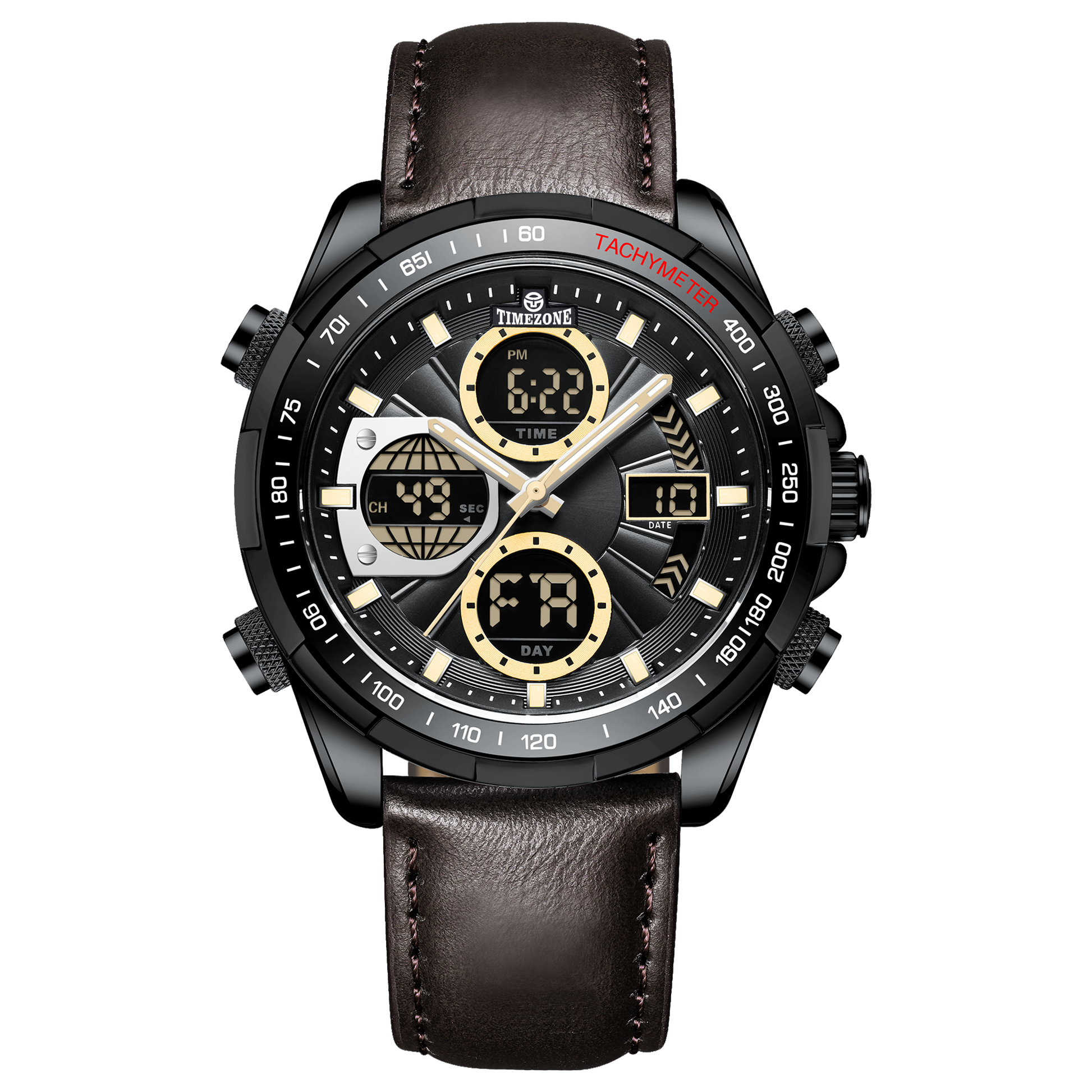 A black dual-time watch with a leather strap and a digital display. Discover timezone watches: elegant branded wrist watch for men in pakistan.