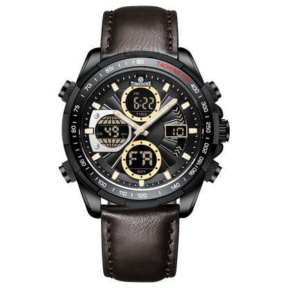 A black dual-time watch with a leather strap and a digital display. Discover timezone watches: elegant branded wrist watch for men in pakistan.