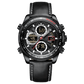 A black dual-time watch with a leather strap and a digital display. Discover timezone watches: elegant branded wrist watch for men in pakistan.