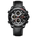 A black dual-time watch with a leather strap and a digital display. Discover timezone watches: elegant branded wrist watch for men in pakistan.