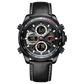 A black dual-time watch with a leather strap and a digital display. Discover timezone watches: elegant branded wrist watch for men in pakistan.