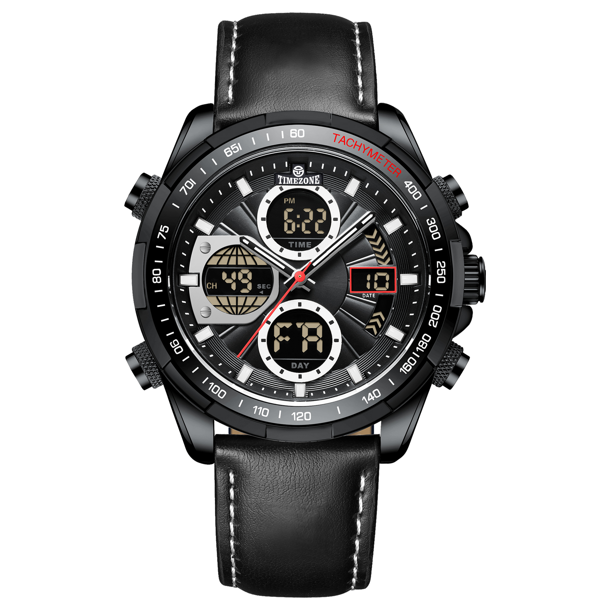 A black dual-time watch with a leather strap and a digital display. Discover timezone watches: elegant branded wrist watch for men in pakistan.