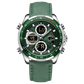 A green and silver dual-time watch with a leather strap and a digital display.