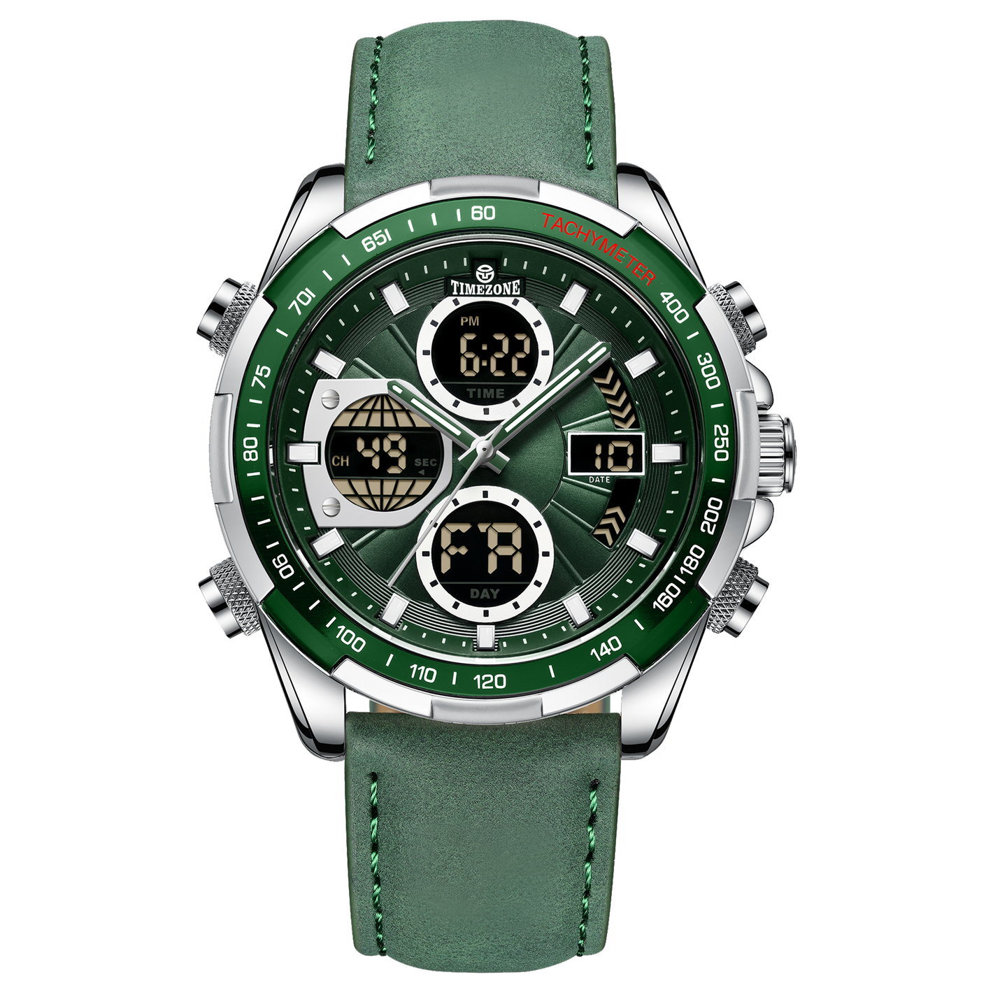 A green and silver dual-time watch with a leather strap and a digital display.