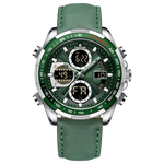 A green and silver dual-time watch with a leather strap and a digital display.