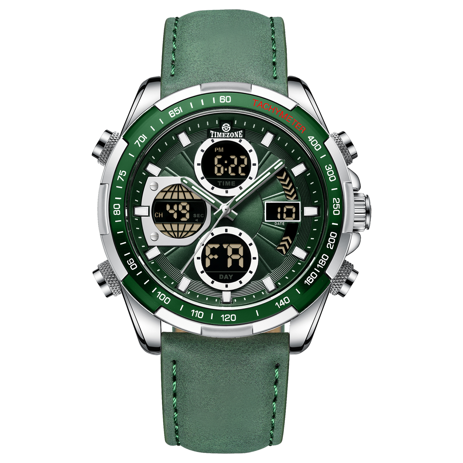 A green and silver dual-time watch with a leather strap and a digital display.
