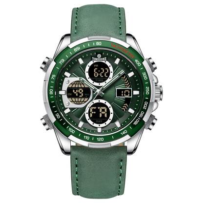 A green and silver dual-time watch with a leather strap and a digital display.