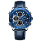 A blue and silver dual-time watch with a leather strap and a digital display. Discover timezone watches: elegant branded wrist watch for men in pakistan.