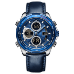A blue and silver dual-time watch with a leather strap and a digital display. Discover timezone watches: elegant branded wrist watch for men in pakistan.