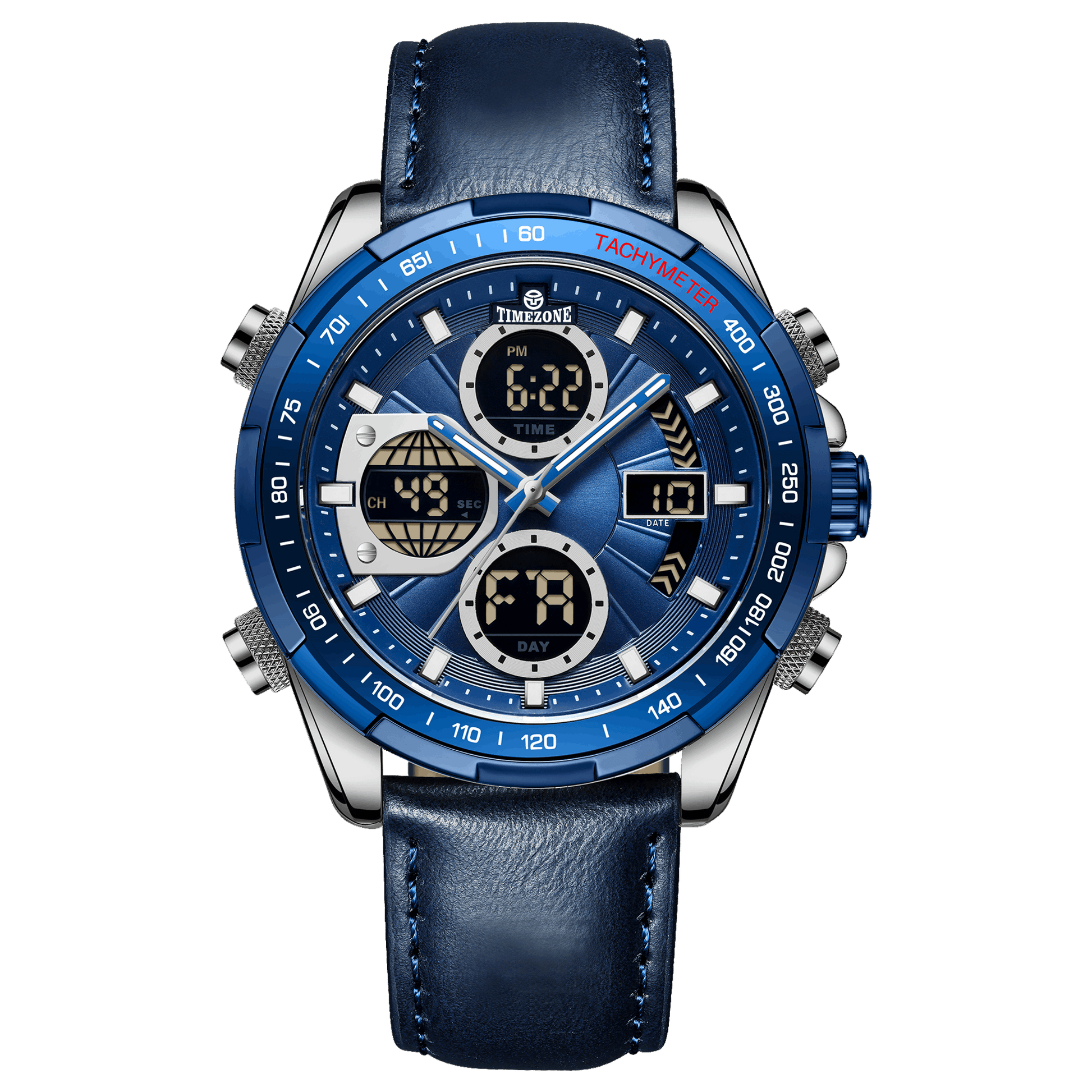 A blue and silver dual-time watch with a leather strap and a digital display. Discover timezone watches: elegant branded wrist watch for men in pakistan.