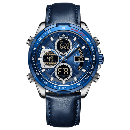 A blue and silver dual-time watch with a leather strap and a digital display. Discover timezone watches: elegant branded wrist watch for men in pakistan.