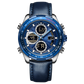 A blue and silver dual-time watch with a leather strap and a digital display. Discover timezone watches: elegant branded wrist watch for men in pakistan.