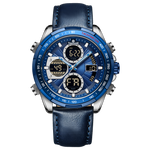 A blue and silver dual-time watch with a leather strap and a digital display. Discover timezone watches: elegant branded wrist watch for men in pakistan.