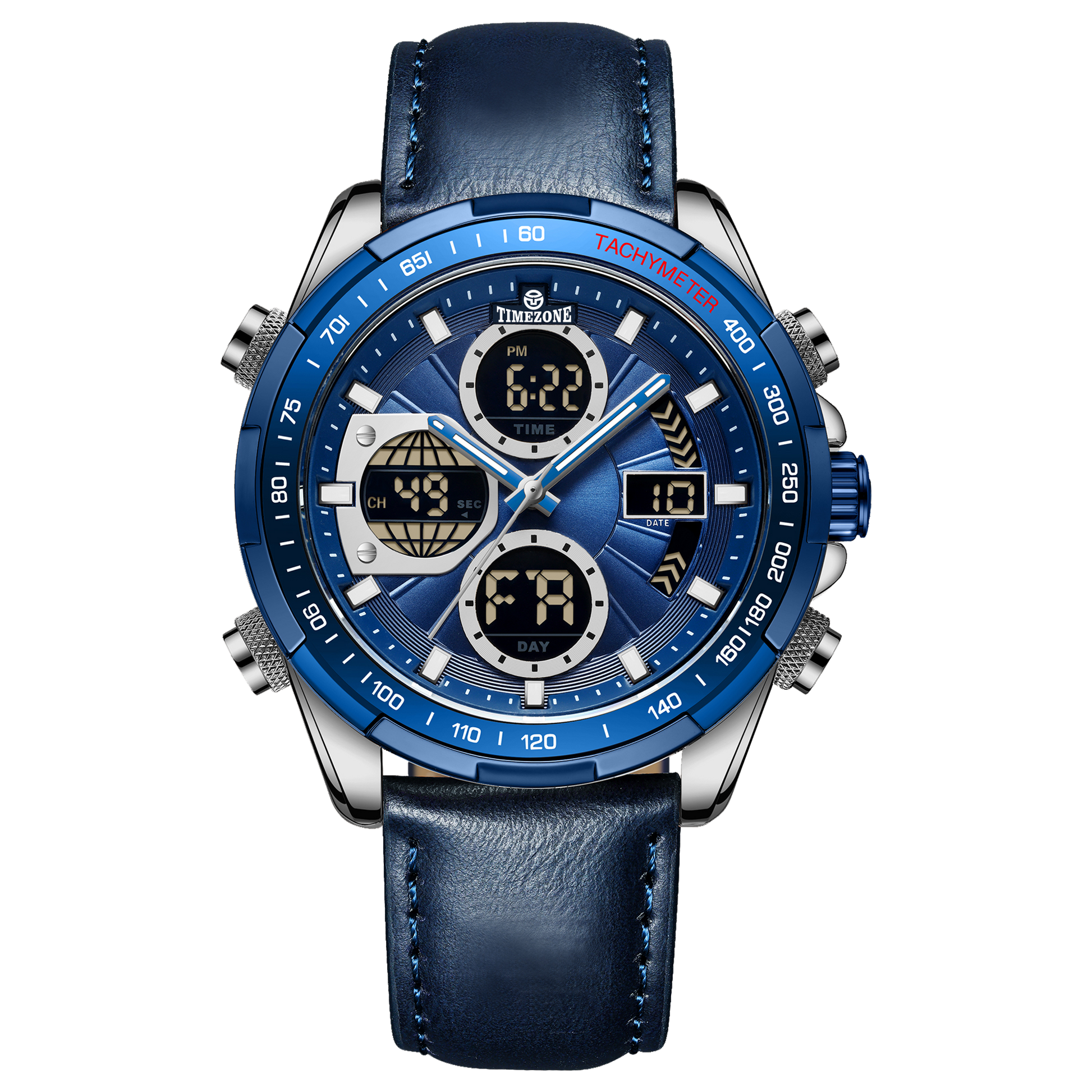 A blue and silver dual-time watch with a leather strap and a digital display. Discover timezone watches: elegant branded wrist watch for men in pakistan.