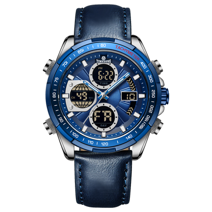 A blue and silver dual-time watch with a leather strap and a digital display. Discover timezone watches: elegant branded wrist watch for men in pakistan.