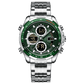 A analog watch with a stainless steel band and a silver-colored case featuring a digital display and various function buttons. Discover timezone watches: elegant branded wrist watch for men in pakistan.