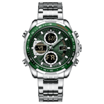 A analog watch with a stainless steel band and a silver-colored case featuring a digital display and various function buttons. Discover timezone watches: elegant branded wrist watch for men in pakistan.