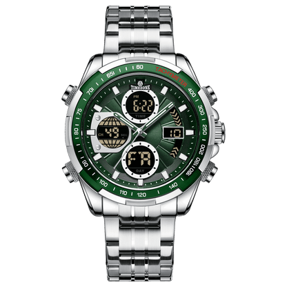 A analog watch with a stainless steel band and a silver-colored case featuring a digital display and various function buttons. Discover timezone watches: elegant branded wrist watch for men in pakistan.