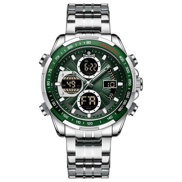 A analog watch with a stainless steel band and a silver-colored case featuring a digital display and various function buttons. Discover timezone watches: elegant branded wrist watch for men in pakistan.