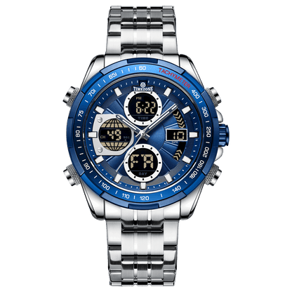 A branded timezone watches watch with a stainless steel band and a silver-colored case featuring a digital display and various function buttons. Discover timezone watches: elegant branded wrist watch for men in pakistan.