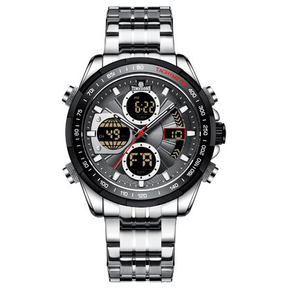 A stainless steel silver watch with a multifunctional dial including analog and digital displays, and a metallic band. Discover timezone watches: elegant branded wrist watch for men in pakistan.